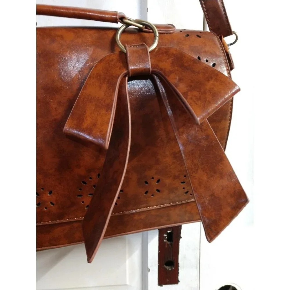 Vintage-Inspired Brown Crossbody Satchel Bag Computer Bag W/Bow Accent Ecosusi